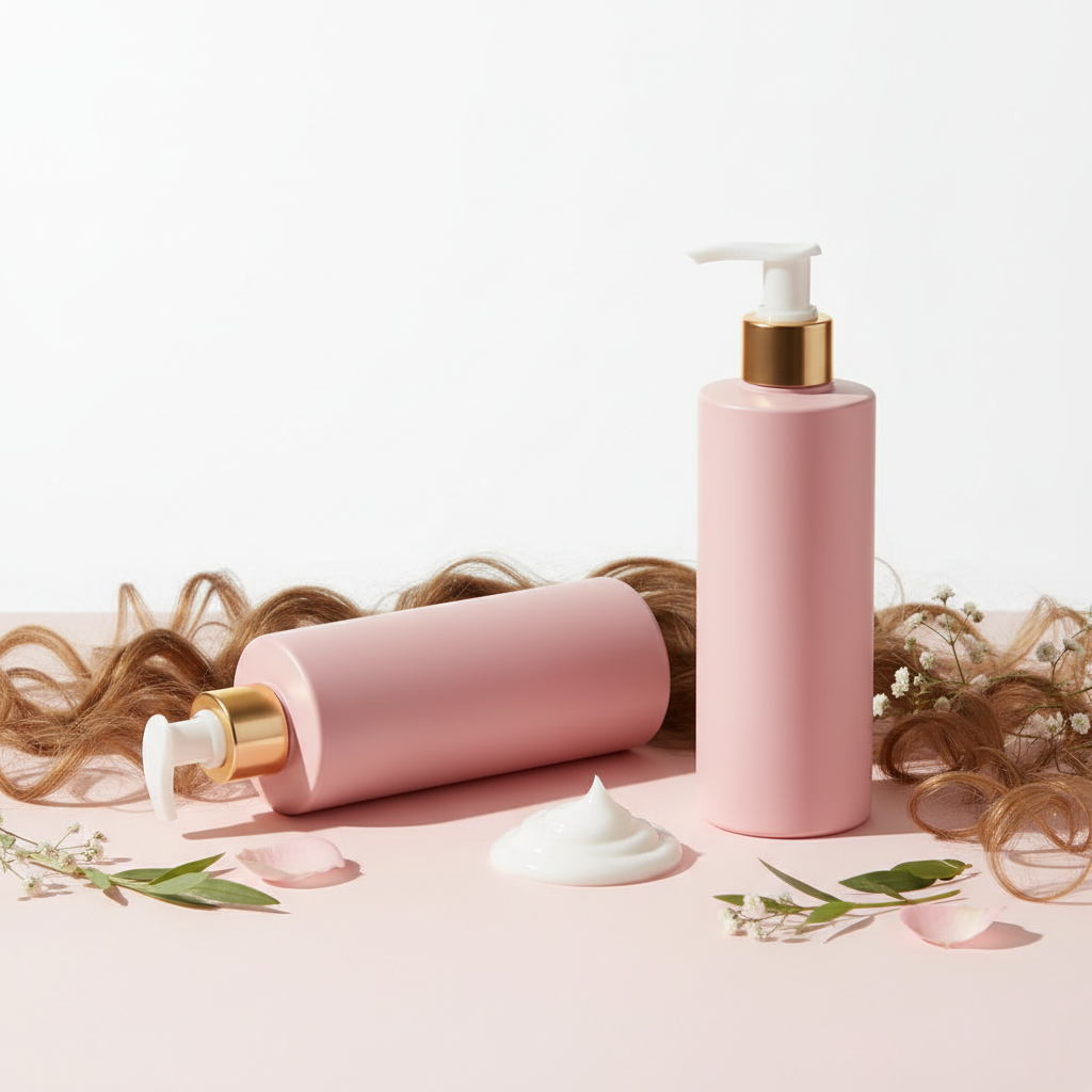 Acondicionadores - botella acostada y de pie con crema