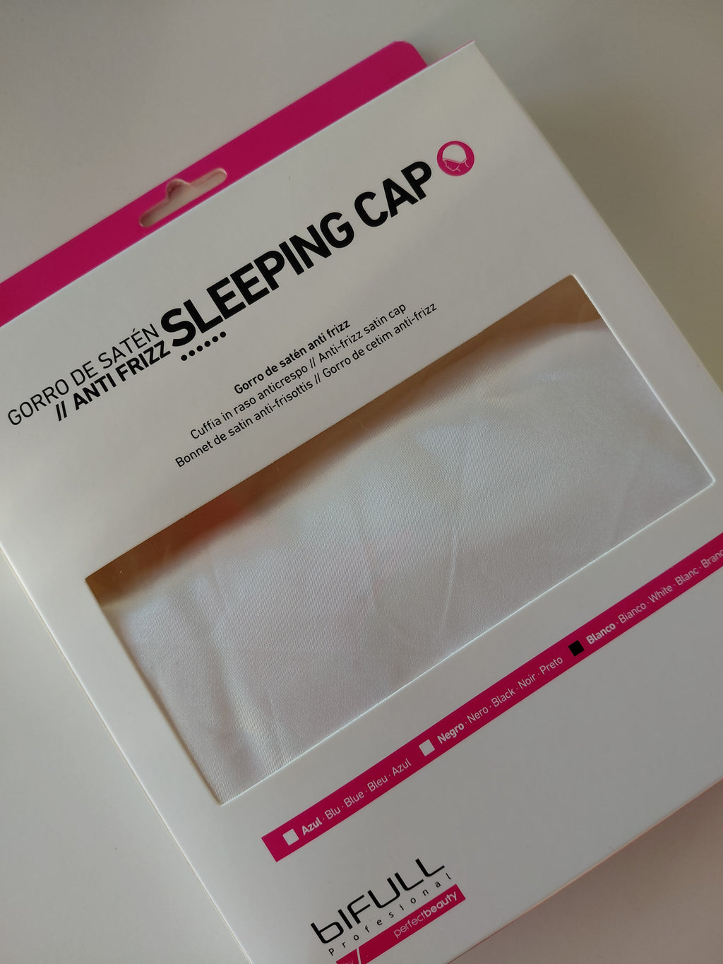 Gorro de satén anti frizz sleeping cap, envase con opciones blanco, negro y azul